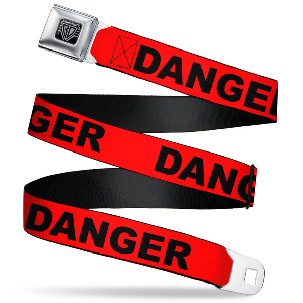 Buckle-Down BD Wings Logo CLOSE-UP Black/Silver Seatbelt Belt - DANGER Text Red/Black Webbing