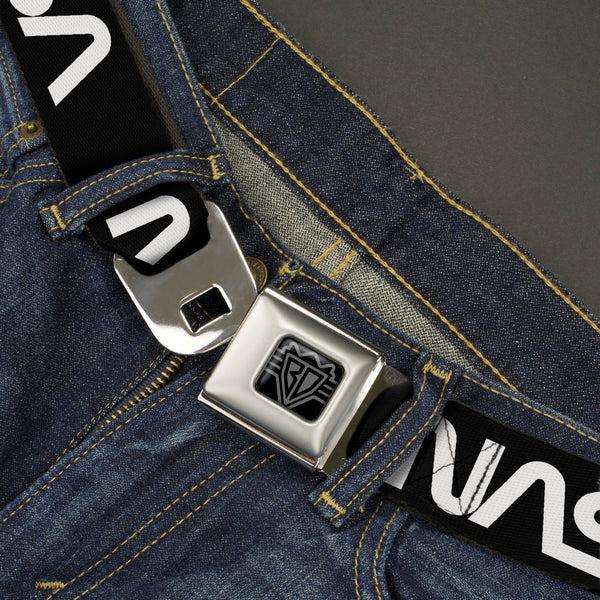 Buckle-Down BD Wings Logo CLOSE-UP Black/Silver Seatbelt Belt - NASA Text Black/White Webbing