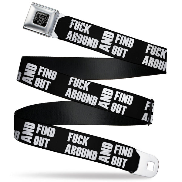Buckle-Down BD Wings Logo CLOSE-UP Black/Silver Seatbelt Belt - FAFO FUCK AROUND AND FIND OUT Bold Black/White Webbing