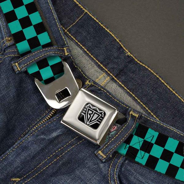 Buckle-Down BD Wings Logo CLOSE-UP Full Color Black Silver Seatbelt Belt - Checker Black/Teal Webbing