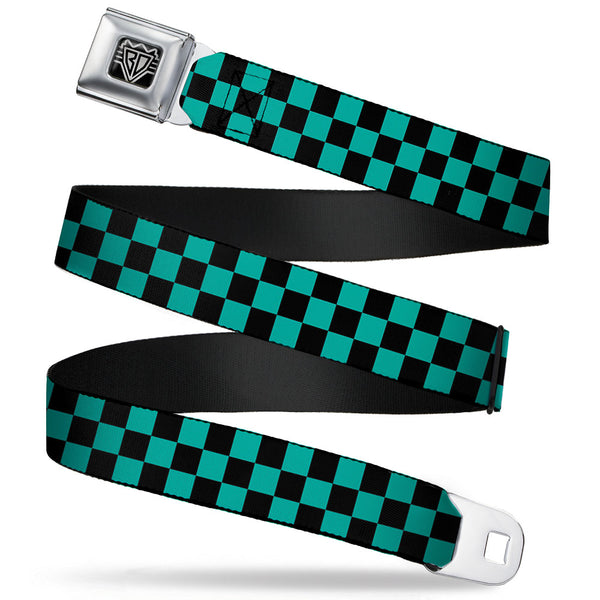 Buckle-Down BD Wings Logo CLOSE-UP Full Color Black Silver Seatbelt Belt - Checker Black/Teal Webbing