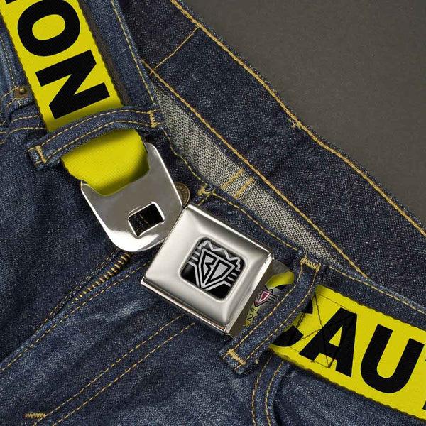 Buckle-Down BD Wings Logo CLOSE-UP Full Color Black Silver Seatbelt Belt - CAUTION Yellow/Black Webbing