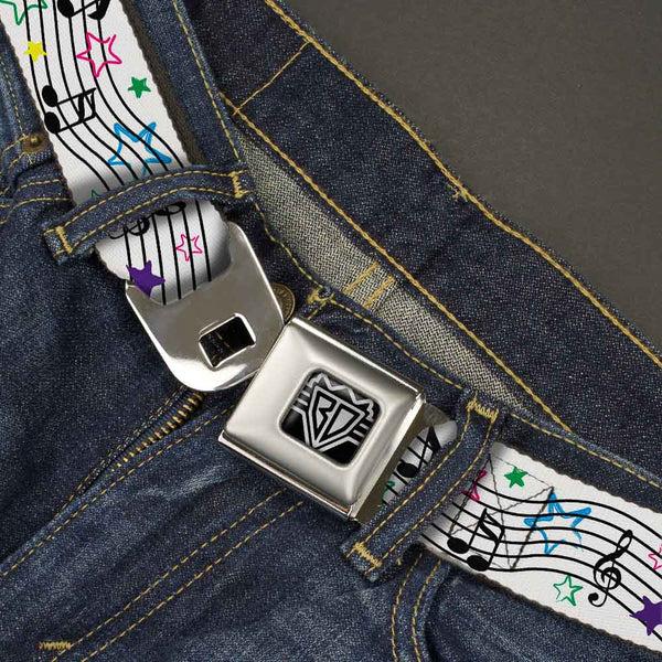 Buckle-Down BD Wings Logo CLOSE-UP Full Color Black Silver Seatbelt Belt - Music Notes Stars White/Black/Multi Color Webbing