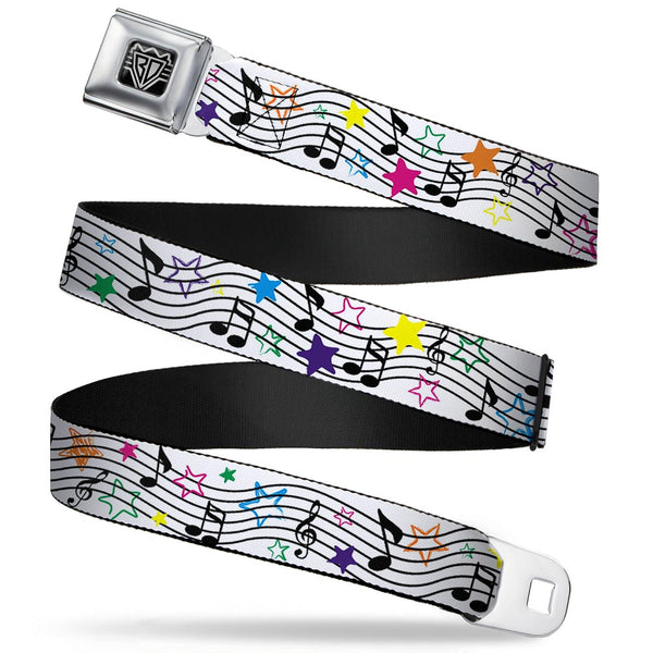 Buckle-Down BD Wings Logo CLOSE-UP Full Color Black Silver Seatbelt Belt - Music Notes Stars White/Black/Multi Color Webbing