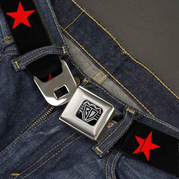 Buckle-Down BD Wings Logo CLOSE-UP Full Color Black Silver Seatbelt Belt - Star Black/Red Webbing