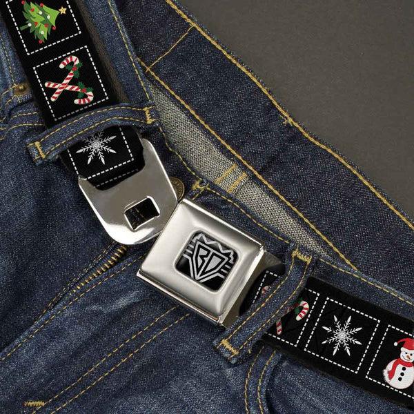 Buckle-Down BD Wings Logo CLOSE-UP Full Color Black Silver Seatbelt Belt - Christmas Blocks Black/White/Multi Color Webbing