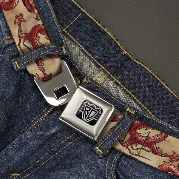 Buckle-Down BD Wings Logo CLOSE-UP Full Color Black Silver Seatbelt Belt - Dragons Tan Webbing