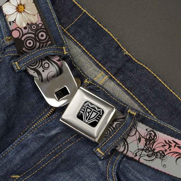 Buckle-Down BD Wings Logo CLOSE-UP Full Color Black Silver Seatbelt Belt - Flowers W/Filigree Pink Webbing