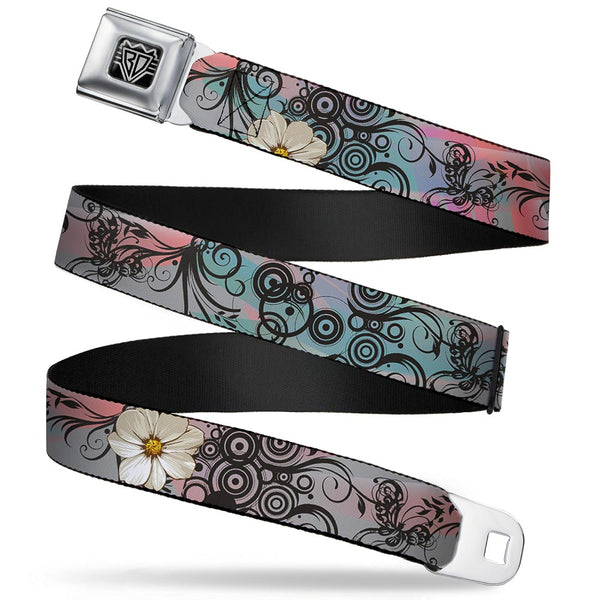 Buckle-Down BD Wings Logo CLOSE-UP Full Color Black Silver Seatbelt Belt - Flowers w/Filigree Pink Webbing