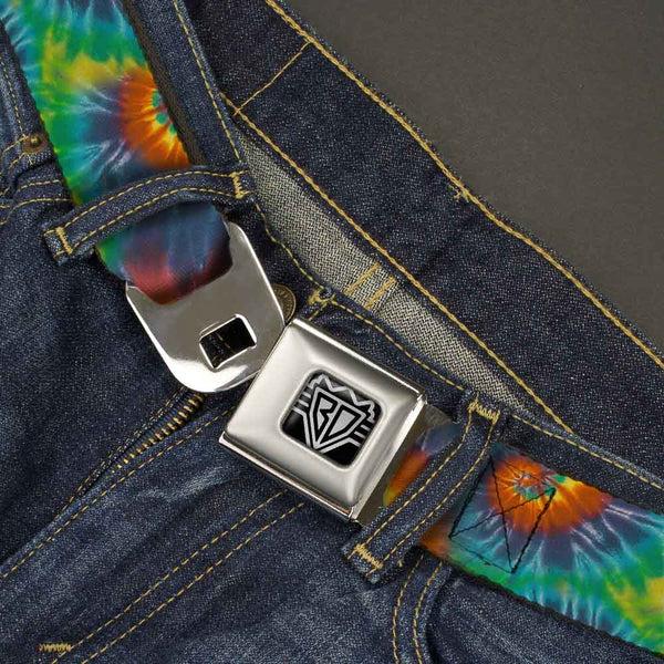 Buckle-Down BD Wings Logo CLOSE-UP Full Color Black Silver Seatbelt Belt - Tie Dye Swirl Multi Color Webbing