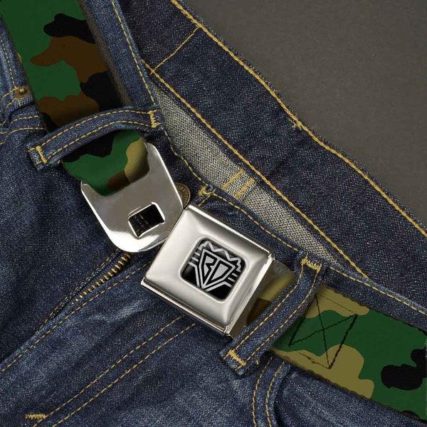 Buckle-Down BD Wings Logo CLOSE-UP Full Color Black Silver Seatbelt Belt - Camo Olive Webbing