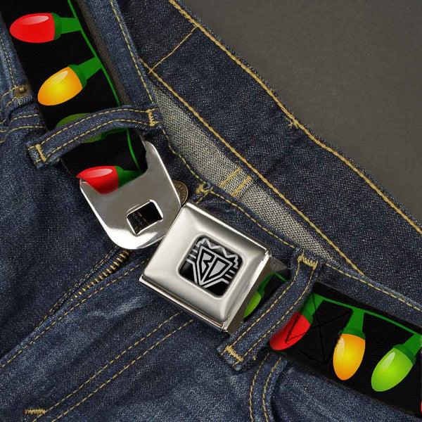 Buckle-Down BD Wings Logo CLOSE-UP Full Color Black Silver Seatbelt Belt - Christmas Lights Black/Multi Color Webbing
