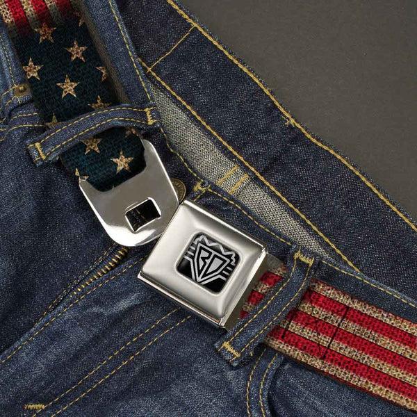 Buckle-Down BD Wings Logo CLOSE-UP Full Color Black Silver Seatbelt Belt - Vintage US Flag Stretch Webbing