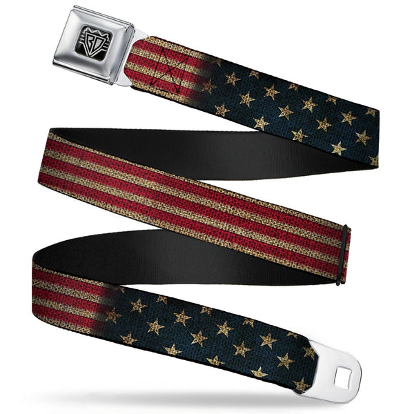 Buckle-Down BD Wings Logo CLOSE-UP Full Color Black Silver Seatbelt Belt - Vintage US Flag Stretch Webbing