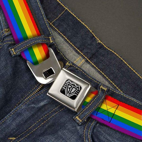 Buckle-Down BD Wings Logo CLOSE-UP Full Color Black Silver Seatbelt Belt - Flag Pride Rainbow Webbing