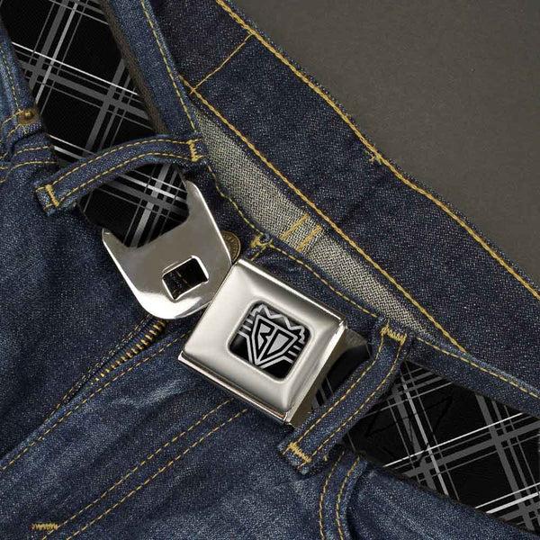 Buckle-Down BD Wings Logo CLOSE-UP Full Color Black Silver Seatbelt Belt - Plaid X Black/Gray Webbing