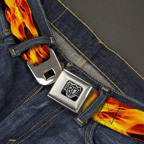 Buckle-Down BD Wings Logo CLOSE-UP Full Color Black Silver Seatbelt Belt - Flames Vivid Black/Orange Webbing