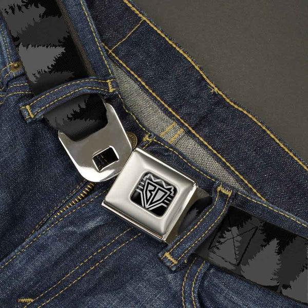 Buckle-Down BD Wings Logo CLOSE-UP Full Color Black Silver Seatbelt Belt - Pine Tree Silhouettes Black/Grays Webbing