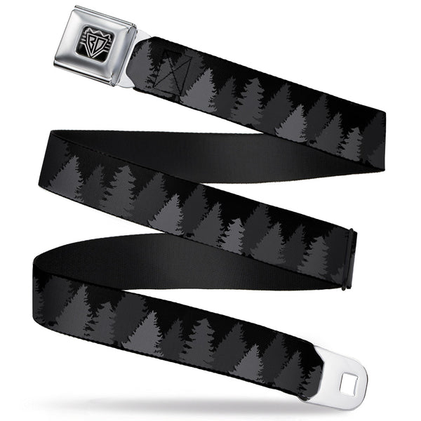 Buckle-Down BD Wings Logo CLOSE-UP Full Color Black Silver Seatbelt Belt - Pine Tree Silhouettes Black/Grays Webbing