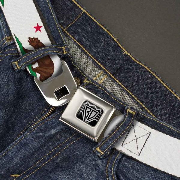 Buckle-Down BD Wings Logo CLOSE-UP Full Color Black Silver Seatbelt Belt - Cali Bear White Webbing