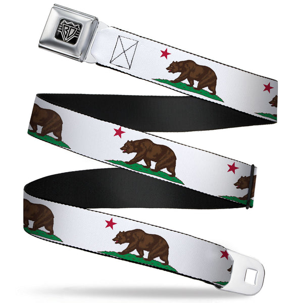 Buckle-Down BD Wings Logo CLOSE-UP Full Color Black Silver Seatbelt Belt - Cali Bear White Webbing