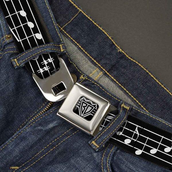 Buckle-Down BD Wings Logo CLOSE-UP Full Color Black Silver Seatbelt Belt - Music Notes Black/White Webbing