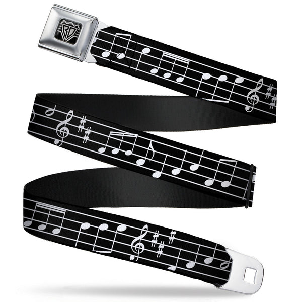 Buckle-Down BD Wings Logo CLOSE-UP Full Color Black Silver Seatbelt Belt - Music Notes Black/White Webbing