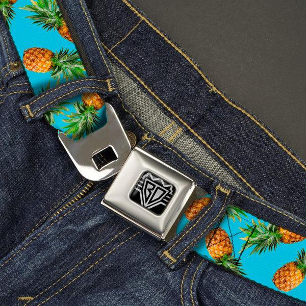 Buckle-Down BD Wings Logo CLOSE-UP Full Color Black Silver Seatbelt Belt - Vivid Pineapples Scattered Blue Webbing