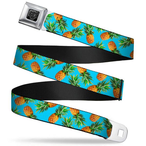 Buckle-Down BD Wings Logo CLOSE-UP Full Color Black Silver Seatbelt Belt - Vivid Pineapples Scattered Blue Webbing