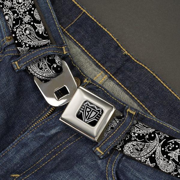 Buckle-Down BD Wings Logo CLOSE-UP Full Color Black Silver Seatbelt Belt - Floral Paisley Black/White Webbing