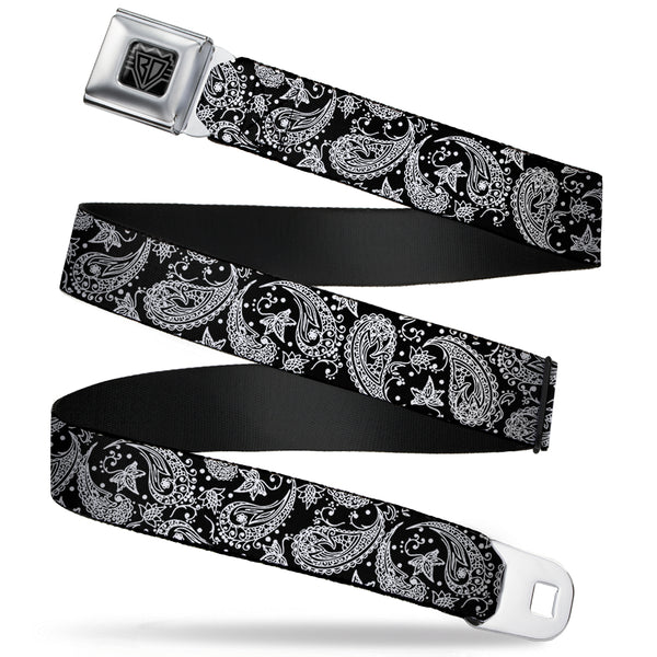 Buckle-Down BD Wings Logo CLOSE-UP Full Color Black Silver Seatbelt Belt - Floral Paisley Black/White Webbing