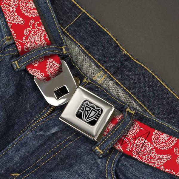 Buckle-Down BD Wings Logo CLOSE-UP Full Color Black Silver Seatbelt Belt - Paisley Red/White Webbing