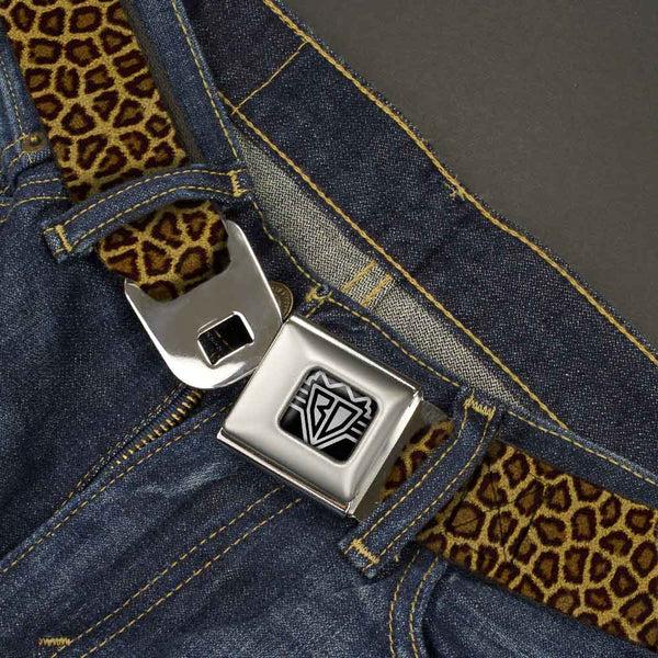 Buckle-Down BD Wings Logo CLOSE-UP Full Color Black Silver Seatbelt Belt - Leopard Brown Webbing
