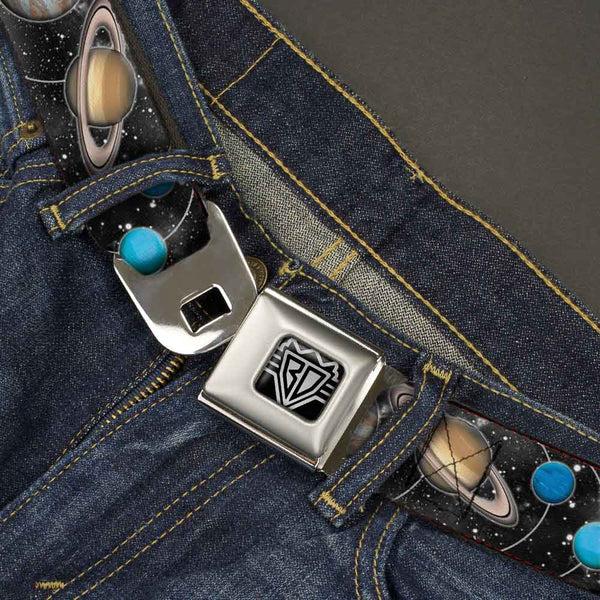 Buckle-Down BD Wings Logo CLOSE-UP Full Color Black Silver Seatbelt Belt - Solar System Sun/Planets/Stars Webbing