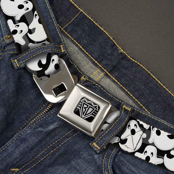 Buckle-Down BD Wings Logo CLOSE-UP Full Color Black Silver Seatbelt Belt - Ghosts Scattered Black/White Webbing