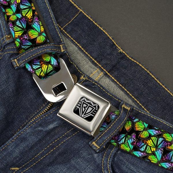 Buckle-Down BD Wings Logo CLOSE-UP Full Color Black Silver Seatbelt Belt - Vivid Butterfly Garden2 Black/Multi Color Webbing