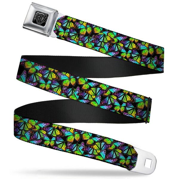 Buckle-Down BD Wings Logo CLOSE-UP Full Color Black Silver Seatbelt Belt - Vivid Butterfly Garden2 Black/Multi Color Webbing