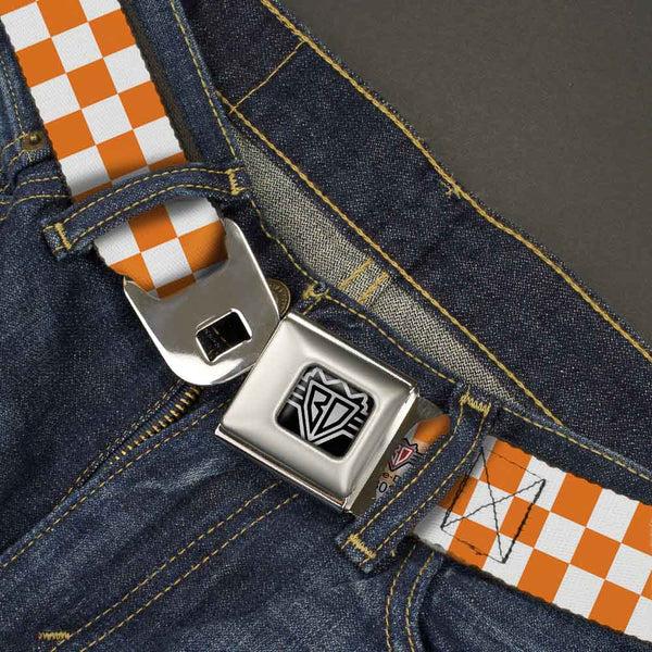 Buckle-Down BD Wings Logo CLOSE-UP Full Color Black Silver Seatbelt Belt - Checker White/TN Orange Webbing