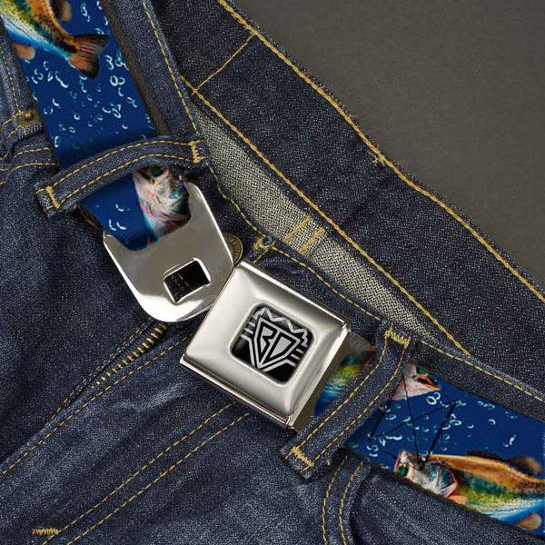 Buckle-Down BD Wings Logo CLOSE-UP Full Color Black Silver Seatbelt Belt - Bass Fish/Water Bubbles Webbing