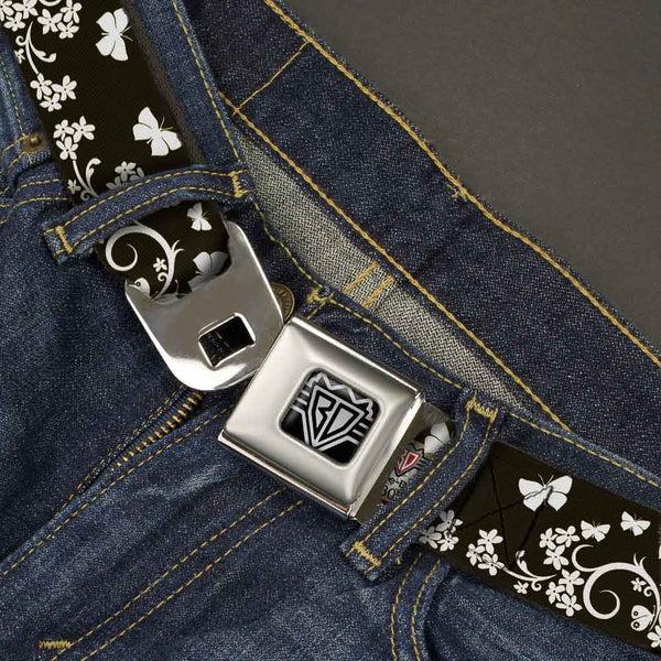 Buckle-Down BD Wings Logo CLOSE-UP Full Color Black Silver Seatbelt Belt - Butterfly Garden Black/White Webbing