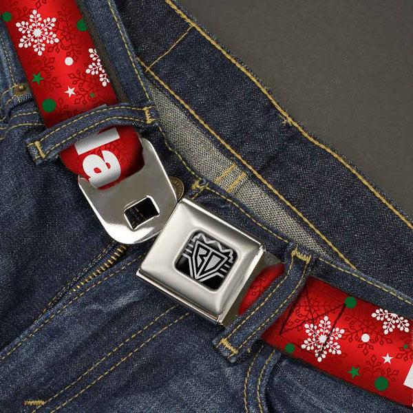 Buckle-Down BD Wings Logo CLOSE-UP Full Color Black Silver Seatbelt Belt - Christmas NAUGHTY OR NICE/Snowflakes Reds/White/Green Webbing