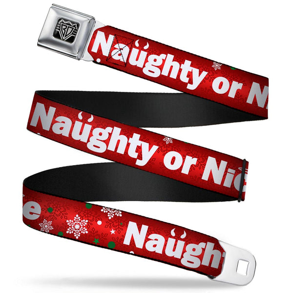 Buckle-Down BD Wings Logo CLOSE-UP Full Color Black Silver Seatbelt Belt - Christmas NAUGHTY OR NICE/Snowflakes Reds/White/Green Webbing