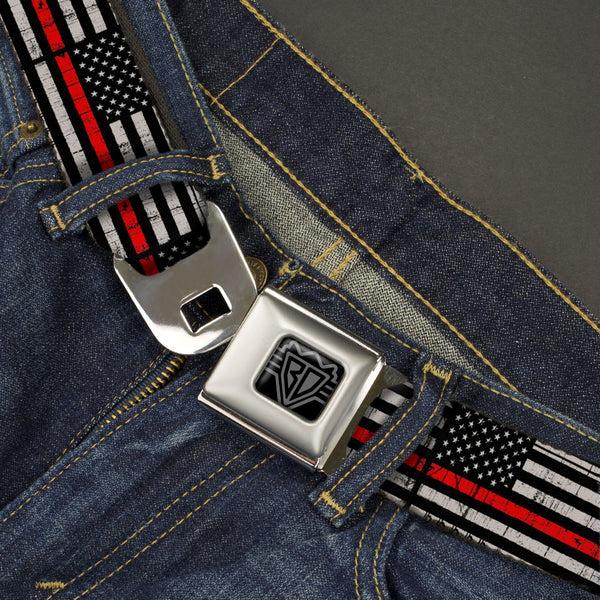 Buckle-Down BD Wings Logo CLOSE-UP Full Color Black Silver Seatbelt Belt - Thin Red Line Flag Weathered Black/Gray/Red Webbing