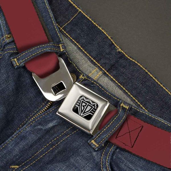 Buckle-Down BD Wings Logo CLOSE-UP Full Color Black Silver Seatbelt Belt - Burgundy Webbing