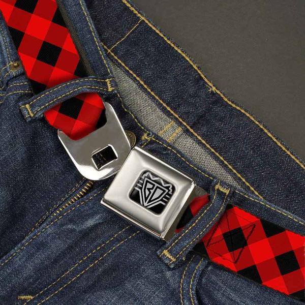 Buckle-Down BD Wings Logo CLOSE-UP Full Color Black Silver Seatbelt Belt - Diagonal Buffalo Plaid Black/Red Webbing