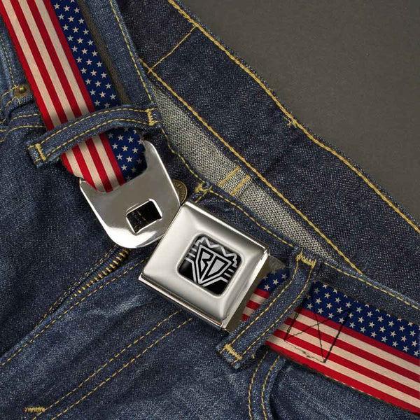 Buckle-Down BD Wings Logo CLOSE-UP Full Color Black Silver Seatbelt Belt - American Flag Stripe Webbing