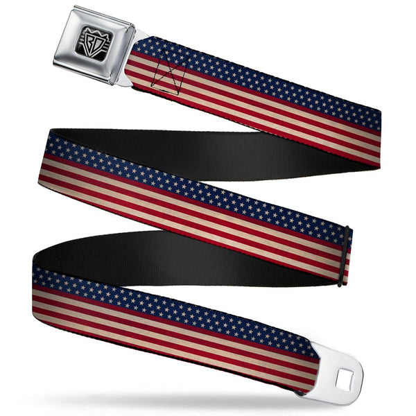 Buckle-Down BD Wings Logo CLOSE-UP Full Color Black Silver Seatbelt Belt - American Flag Stripe Webbing