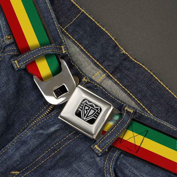 Buckle-Down BD Wings Logo CLOSE-UP Full Color Black Silver Seatbelt Belt - Rasta Webbing