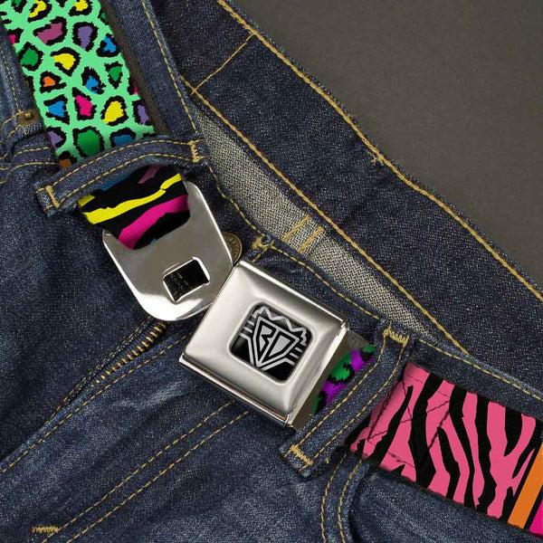 Buckle-Down BD Wings Logo CLOSE-UP Full Color Black Silver Seatbelt Belt - Animal Skins & Stripes 2 Webbing