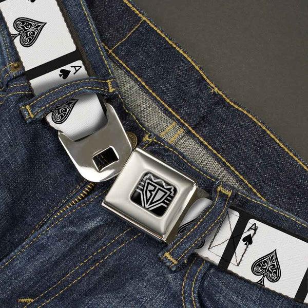Buckle-Down BD Wings Logo CLOSE-UP Full Color Black Silver Seatbelt Belt - Ace Of Spades Webbing